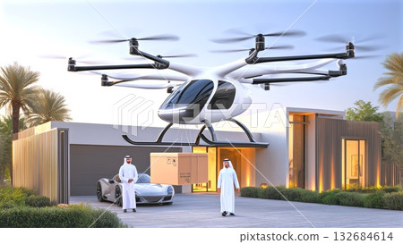 drone delivers a large parcel to two Emirati men in traditional dress beside a sports car at a modern luxury home, illustrating autonomous urban air mobility logistics drone delivers a large parcel to two Emirati men in traditional dress beside a sports car at a modern luxury home, illustrating autonomous urban air mobility logistics 132684614