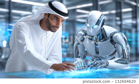 Arab businessman interacting with a white humanoid robot, representing the future of technology, AI development, business automation, and human robot collaboration in an office environment 132684620