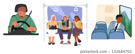 Sleepy tired driver at steering wheel and passengers of public transport isolated cartoon scene 132684702