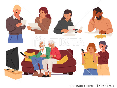 Diverse people cartoon characters reacting on received bad news from different resources set 132684704