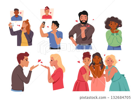 Diverse people cartoon characters sending air kisses sharing love as romantic gesture isolated set 132684705
