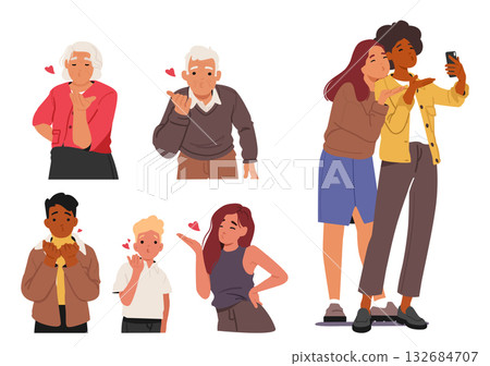 Seniors, young people, teenagers, children sending air kisses sharing romantic gesture isolated set Seniors, young people, teenagers, children sending air kisses sharing romantic gesture isolated set 132684707