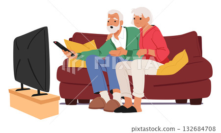 Elderly couple characters with expressions of concern and sadness watching bad news on tv-set 132684708