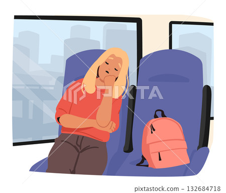 Tired girl student character sleeping in public transport enjoying daily commute isolated scene 132684718