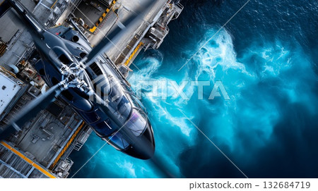 Helicopter lifting off from a helideck on an offshore oil platform, flying over the turbulent ocean, symbolizing remote transport for gas and oil extraction Helicopter lifting off from a helideck on an offshore oil platform, flying over the turbulent ocean, symbolizing remote transport for gas and oil extraction 132684719