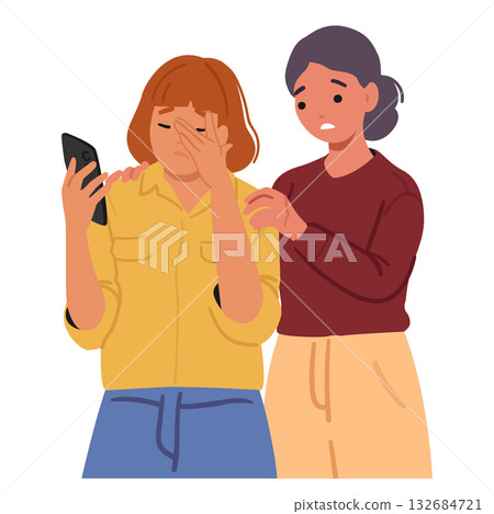 Woman calming supporting crying female friend who distressed after reading bad news on mobile phone 132684721