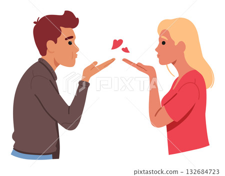 Man and woman couple lovers sending air kiss to each other showing romantic gesture with love Man and woman couple lovers sending air kiss to each other showing romantic gesture with love 132684723