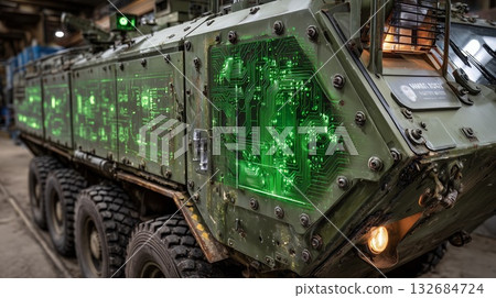 Armored military vehicle featuring glowing green circuit board patterns, showcasing advanced digital technology and cyber defense innovation for future warfare 132684724