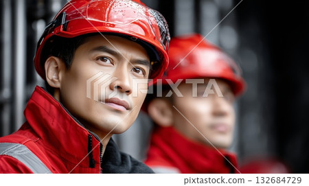Asian male construction worker wearing a red hard hat and uniform, looking away with a focused expression, representing industry, safety, and teamwork Asian male construction worker wearing a red hard hat and uniform, looking away with a focused expression, representing industry, safety, and teamwork 132684729