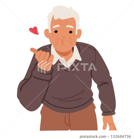 Grey-haired senior man cartoon character sending air kiss experiencing romantic gesture portrait Grey-haired senior man cartoon character sending air kiss experiencing romantic gesture portrait 132684736
