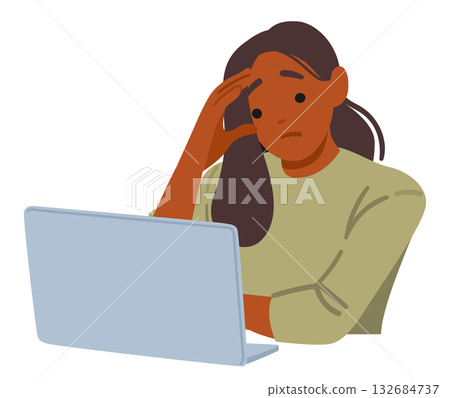 Shocked woman cartoon character reading bad news on laptop feeling negative emotional impact 132684737