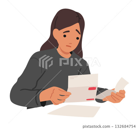 Sad woman character reading reading credit bills, utility bills, and debt notices isolated portrait 132684754