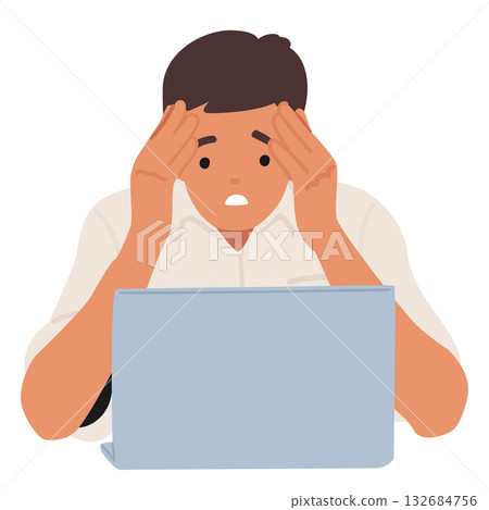Stressed man cartoon character reading bad news looking at laptop screen isolated on white Stressed man cartoon character reading bad news looking at laptop screen isolated on white 132684756