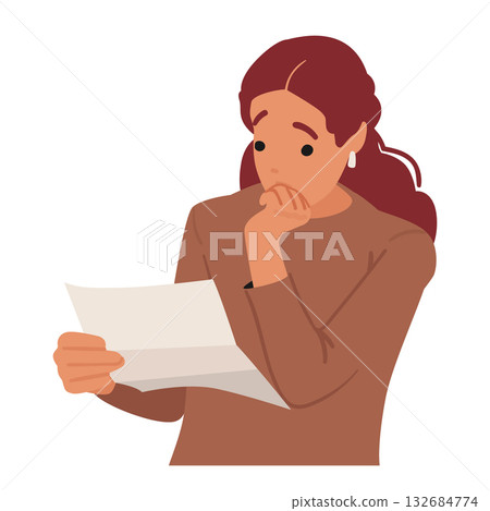 Shocked woman cartoon character feeling intense emotion reading bad news in received paper letter 132684774