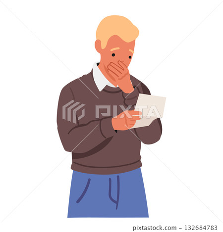Man cartoon character reading paper letter feeing negative impact of bad news isolated on white 132684783