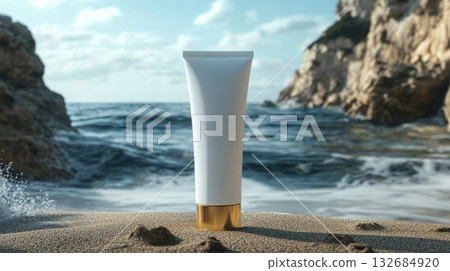 White cosmetic tube on sandy beach with ocean waves in background 132684920