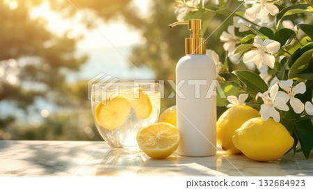 White lotion bottle with fresh lemons and glass of lemonade in sunlight White lotion bottle with fresh lemons and glass of lemonade in sunlight 132684923