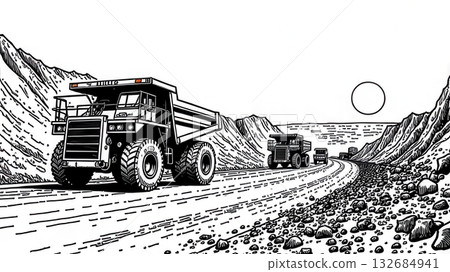 Heavy-duty dump trucks navigating rocky terrain in industrial landscape 132684941