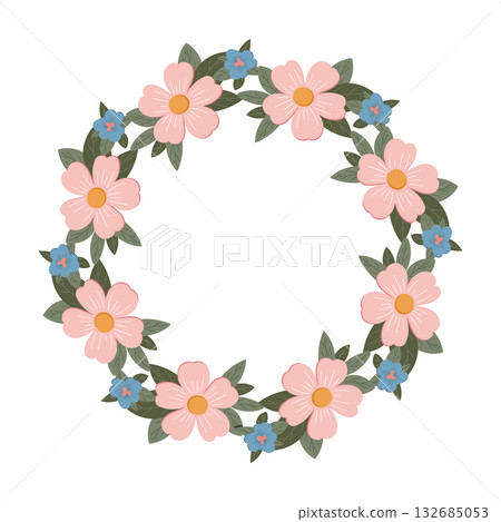 Round floral frame with pink and blue flowers and green leaves Round floral frame with pink and blue flowers and green leaves 132685053