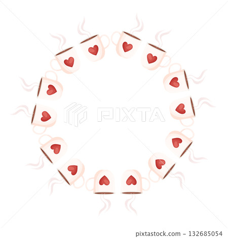 Round coffee cup frame with red hearts and steam Round coffee cup frame with red hearts and steam 132685054