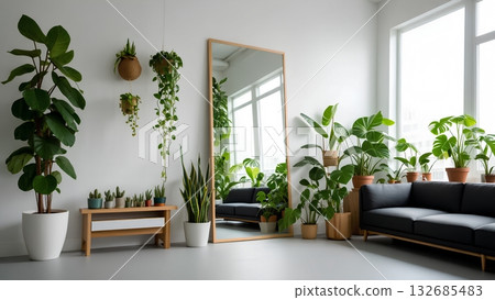 Airy living room with prominent mirror and decorative monstera leaves, perfect for wellness, real estate, interior design projects Airy living room with prominent mirror and decorative monstera leaves, perfect for wellness, real estate, interior design projects 132685483