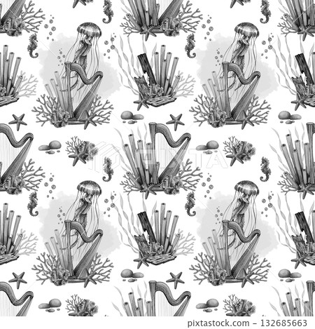 Black and white harp marine pattern 132685663