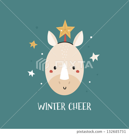 Cute Christmas Rhinoceros Head with Star Topper. Kawaii Winter Animal Graphic on Teal Background. Vector Illustration 132685731