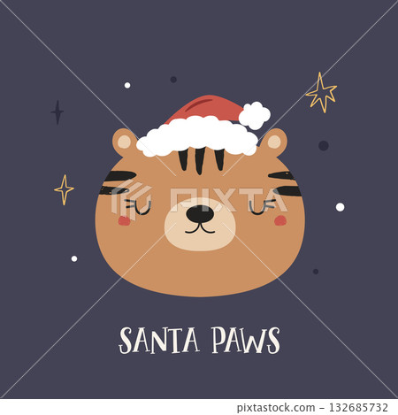 Adorable Winter Holiday Tiger Face. Simple Cartoon Wild Cat Design for Greeting Card, Sticker, or Festive T-shirt Print Adorable Winter Holiday Tiger Face. Simple Cartoon Wild Cat Design for Greeting Card, Sticker, or Festive T-shirt Print 132685732