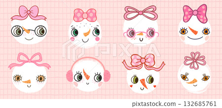 Cute snowmen vector faces with bows, quirky winter characters with mouths and eyes for Christmas greeting cards and designs Cute snowmen vector faces with bows, quirky winter characters with mouths and eyes for Christmas greeting cards and designs 132685761