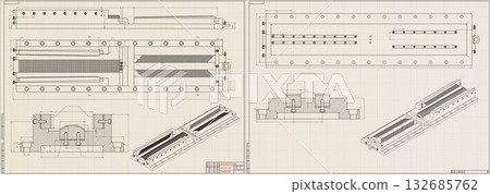 Mechanical engineering drawings on light background. Cutting tools, milling cutter. Technical Design. Cover. Blueprint. Horizontal seamless pattern. Vector illustration. 132685762