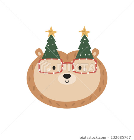 Cute Christmas Hedgehog with Holiday Glasses, Festive Animal Illustration for Holiday Greeting Card 132685767