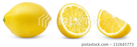Collection of lemon and a cut in a half isolated. Lemon slice with clipping path. Collection of lemon and a cut in a half isolated. Lemon slice with clipping path. 132685773
