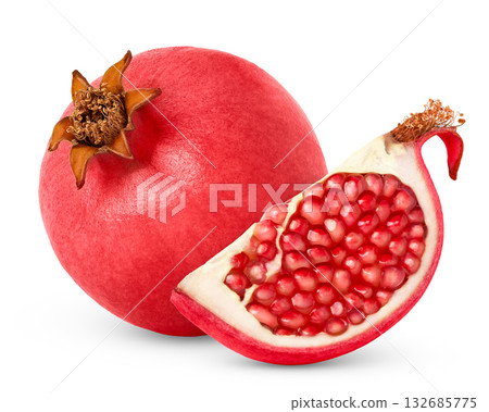 Pink ripe pomegranate with cut in chunk isolated with clipping path. Pink ripe pomegranate with cut in chunk isolated with clipping path. 132685775