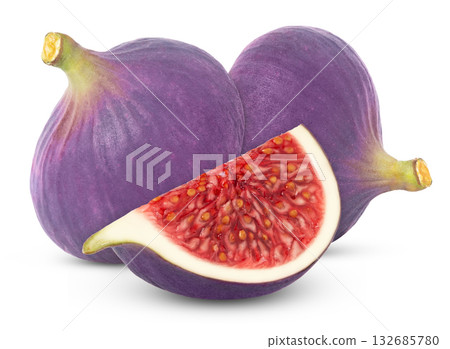 Two fig fruits and a cut in a slice isolated. Two fig fruits and a cut in a slice isolated. 132685780