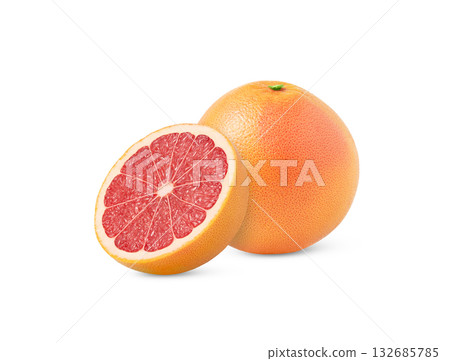 Ripe whole grapefruit and a half isolated. Citrus fruits with clipping path. 132685785