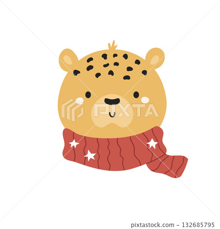 Cute Christmas Leopard, Cheetah Head in Starry Red Scarf. Kawaii Spotted Wild Cat Vector Illustration on White Background Cute Christmas Leopard, Cheetah Head in Starry Red Scarf. Kawaii Spotted Wild Cat Vector Illustration on White Background 132685795
