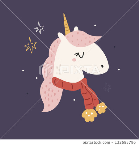 Cute Christmas Unicorn Head in Scarf. Magical Animal Vector Illustration with Stars on Dark Background. Cute Christmas Unicorn Head in Scarf. Magical Animal Vector Illustration with Stars on Dark Background. 132685796