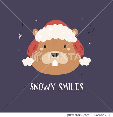 Cute Christmas Beaver Illustration with Santa Hat, Winter Holiday Greeting Card Design for Kids Cute Christmas Beaver Illustration with Santa Hat, Winter Holiday Greeting Card Design for Kids 132685797