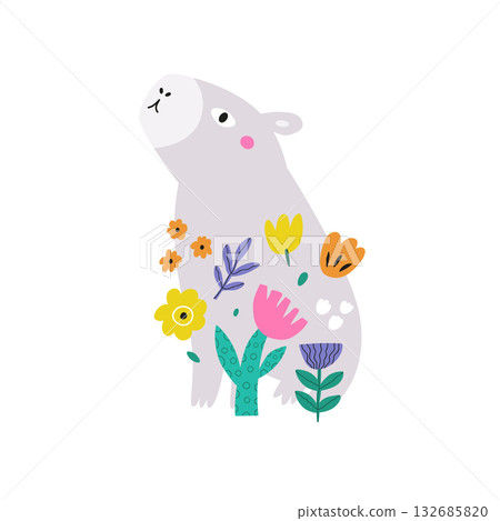 Cute Capybara with Flowers Colorful Vector Illustration for Kids Poster and Print 132685820