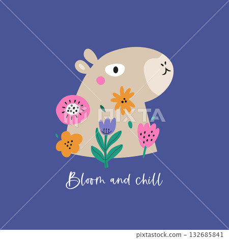 Cute Capybara with Flowers Colorful Vector Illustration for Kids Poster and Print. 132685841