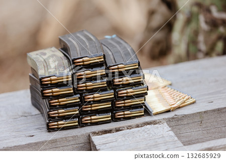 A stockpile of ammunition. Concept for strategic readiness, modern defense, and security operations A stockpile of ammunition. Concept for strategic readiness, modern defense, and security operations 132685929
