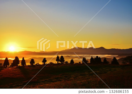 新潟縣小千谷市、小千谷山本山高原和越後三山黎明時分的雲海 132686155