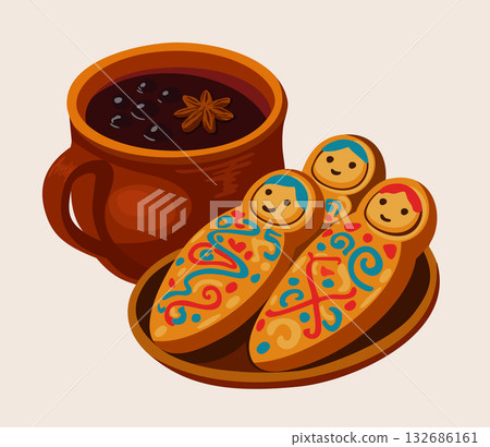 Colada morada, traditional Ecuadorian fruit drink, and guaguas de pan, sweet breads shaped like babies. Vector isolated illustration 132686161