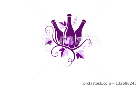 Logo illustration of a wine bottle, grapes, and vines Logo illustration of a wine bottle, grapes, and vines 132686245