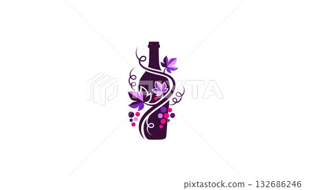 Logo illustration of a wine bottle, grapes, and vines Logo illustration of a wine bottle, grapes, and vines 132686246