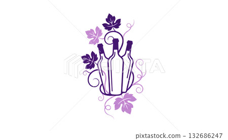Logo illustration of a wine bottle, grapes, and vines Logo illustration of a wine bottle, grapes, and vines 132686247