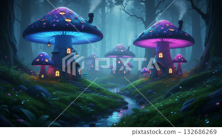 Enchanted mushroom village in a magical forest 132686269