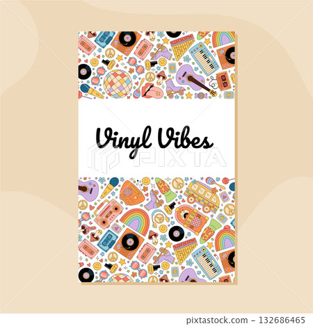 Groovy retro music poster in y2k style. Colorful banner design with pattern of record, cassette, guitar, boombox, radio, and synthesizer, ideal for disco party background and vibrant decor. Groovy retro music poster in y2k style. Colorful banner design with pattern of record, cassette, guitar, boombox, radio, and synthesizer, ideal for disco party background and vibrant decor. 132686465