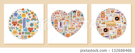 Groovy retro funky sticker set with heart, circle, and rainbow shapes in colorful y2k style. Background filled with smile, music, and pop elements. Trendy collection for playful modern dcor. Groovy retro funky sticker set with heart, circle, and rainbow shapes in colorful y2k style. Background filled with smile, music, and pop elements. Trendy collection for playful modern dcor. 132686466