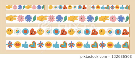 Groovy retro seamless border set in flat graphic style. Yellow and blue frame with smile, flower, heart, emoji and hand shapes. Playful y2k border design for creative projects sticker backgrounds. Groovy retro seamless border set in flat graphic style. Yellow and blue frame with smile, flower, heart, emoji and hand shapes. Playful y2k border design for creative projects sticker backgrounds. 132686508